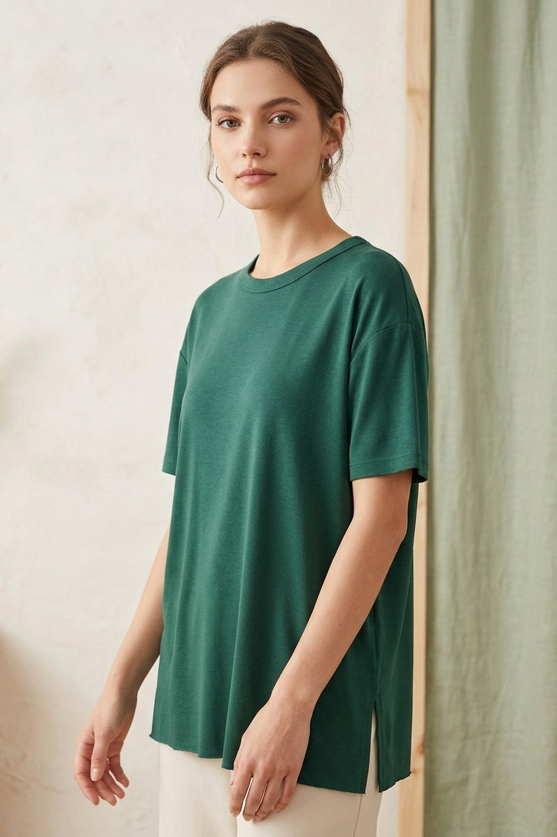 Kısa Kollu Yırtmaçlı T-shirt Zumrut - 2113-ZUMRUT - 1