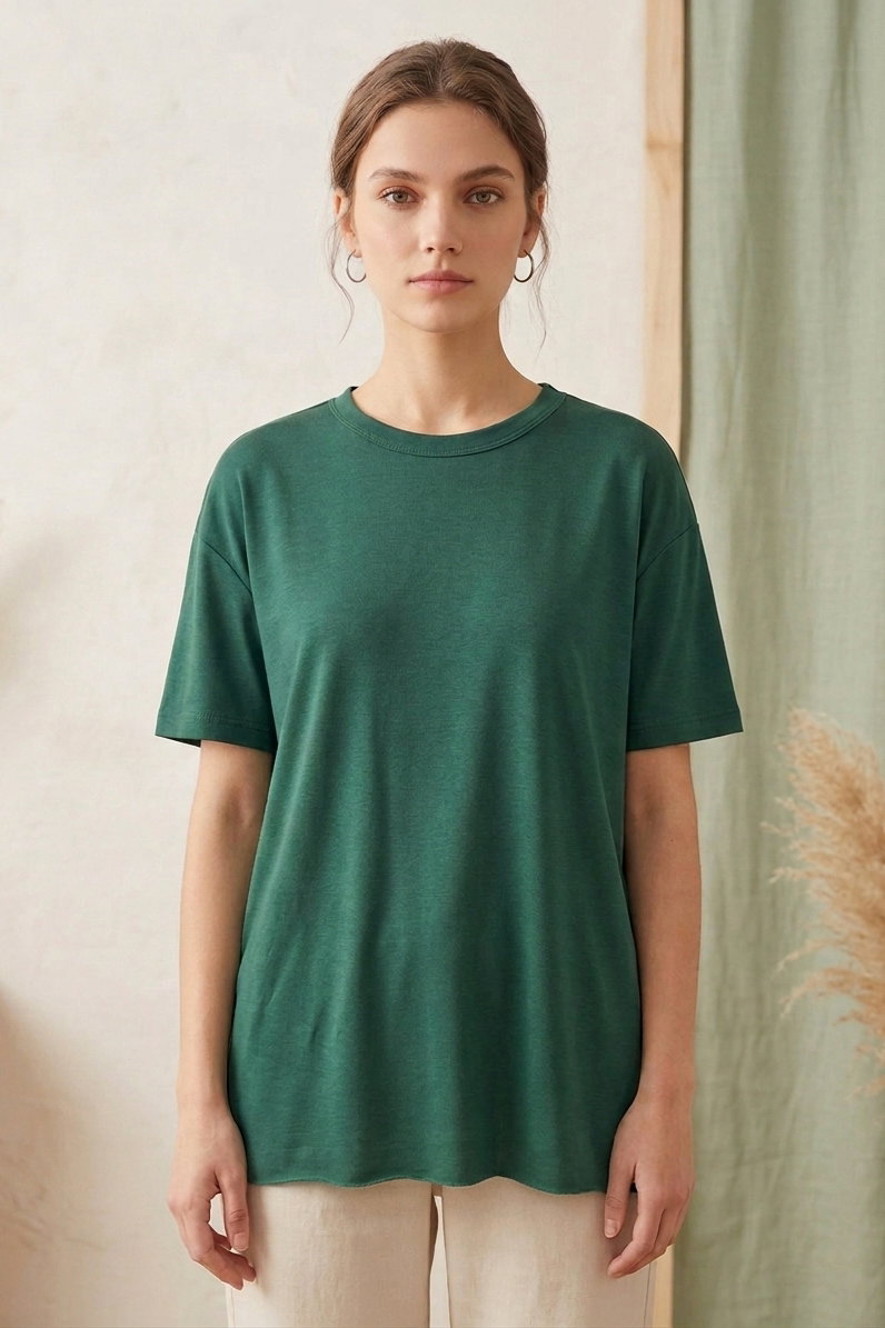 Kısa Kollu Yırtmaçlı T-shirt Zumrut - 2113-ZUMRUT - 2