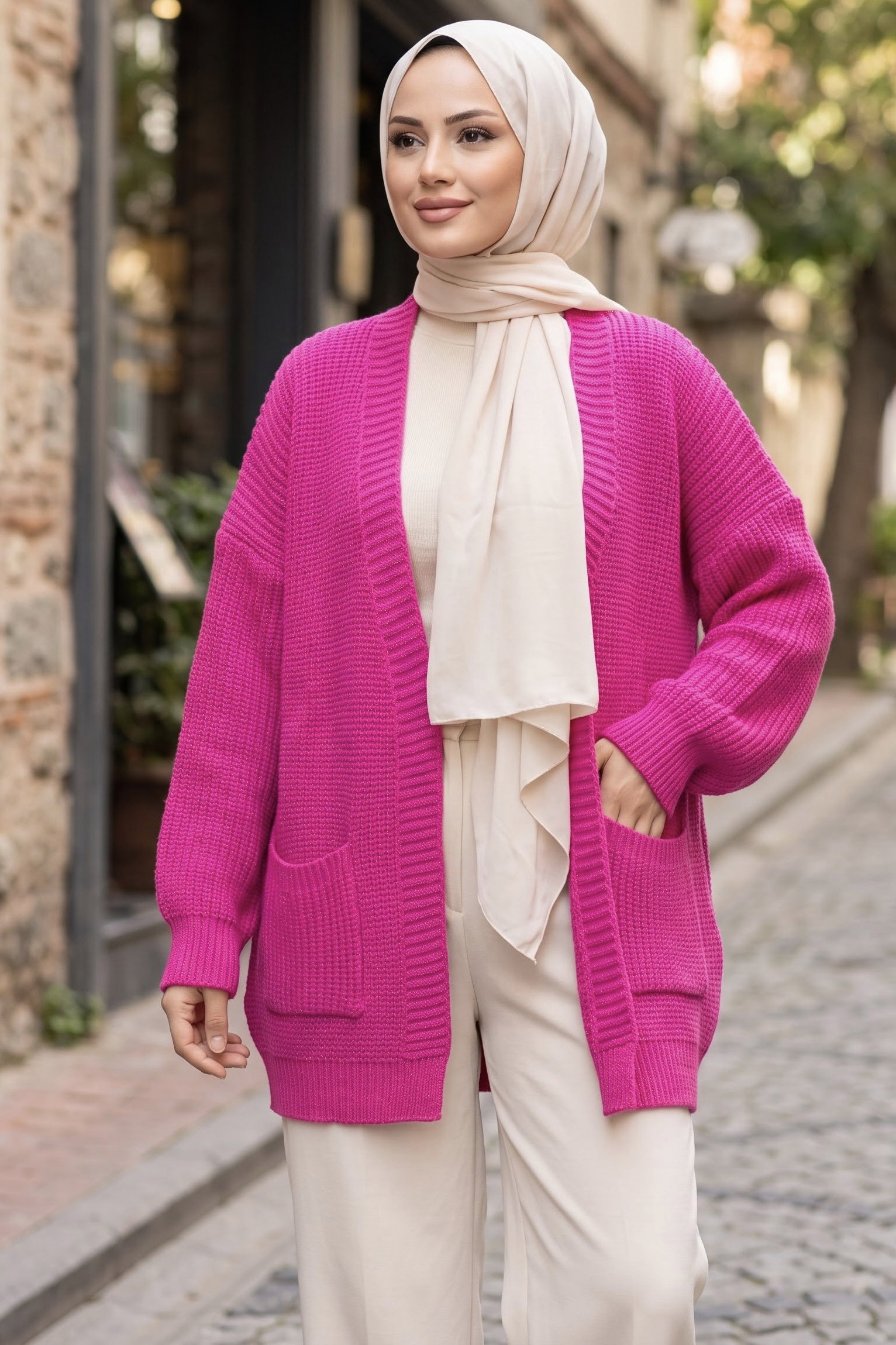 Kısa Triko Cepli Hırka Fusya - 29249-FUSYA - 1