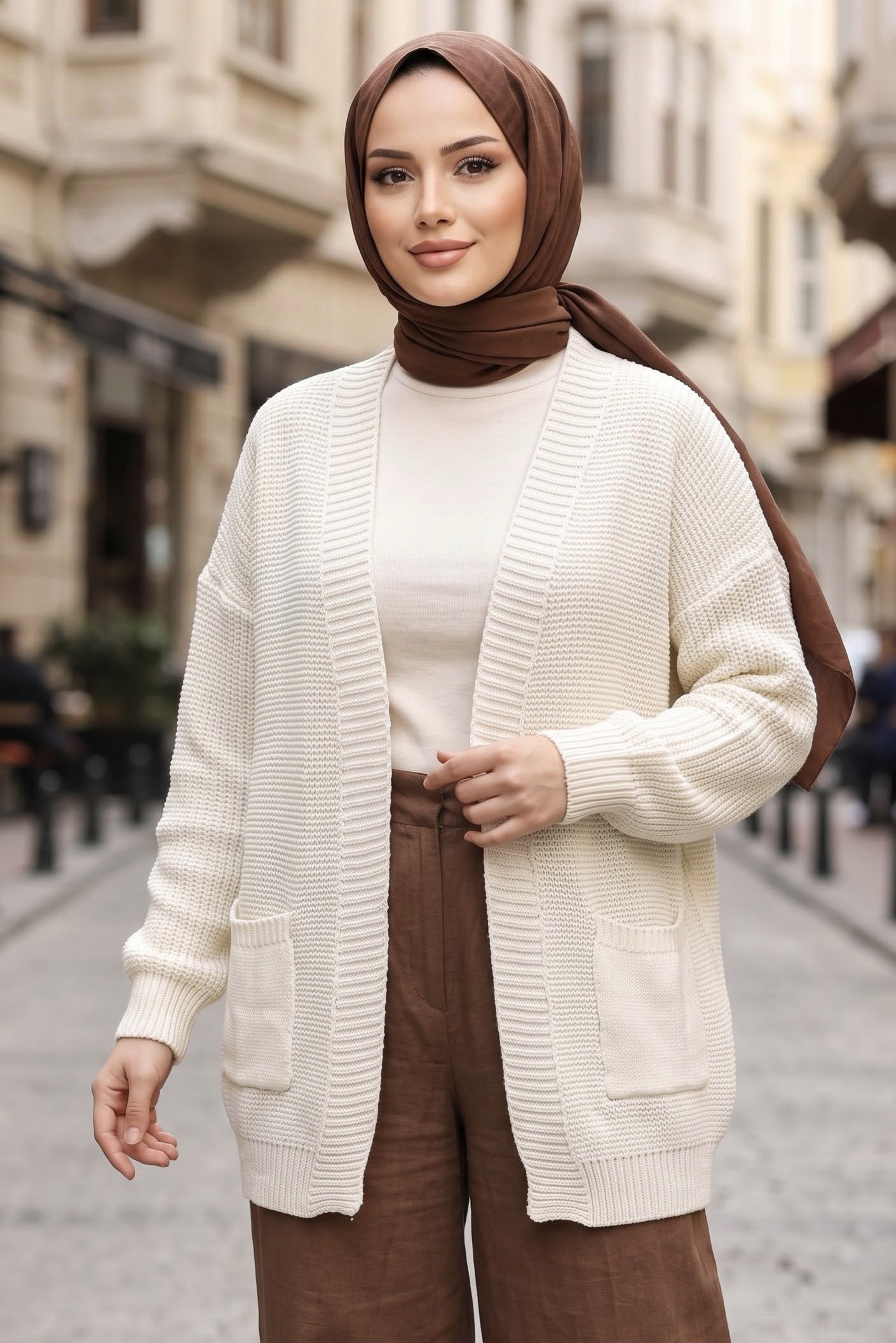 Kısa Triko Cepli Hırka Krem - 29249-KREM - 1