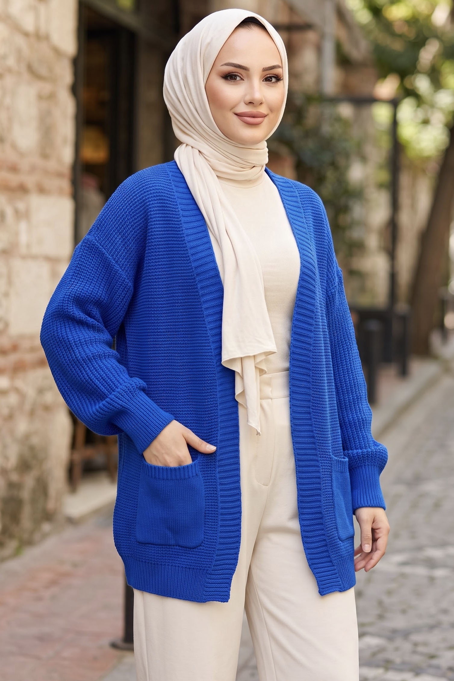 Kısa Triko Cepli Hırka Saks - 29249-SAKS - 1