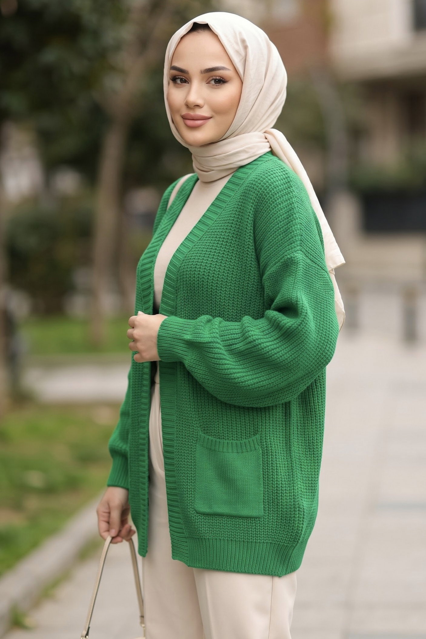 Kısa Triko Cepli Hırka Yesil - 29249-YESIL - 2
