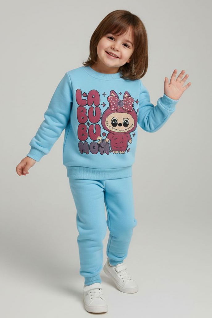 Kız Çocuk Bebe Mavi Baskılı Şardonlu Pijama Takımı - 28099-BEBE-MAVI - TOFİSA