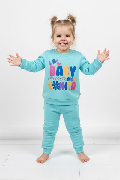 Kız Çocuk Bebe Mavi Baskılı Üç İplik Şardonlu Takım - 27964-BEBE-MAVI 