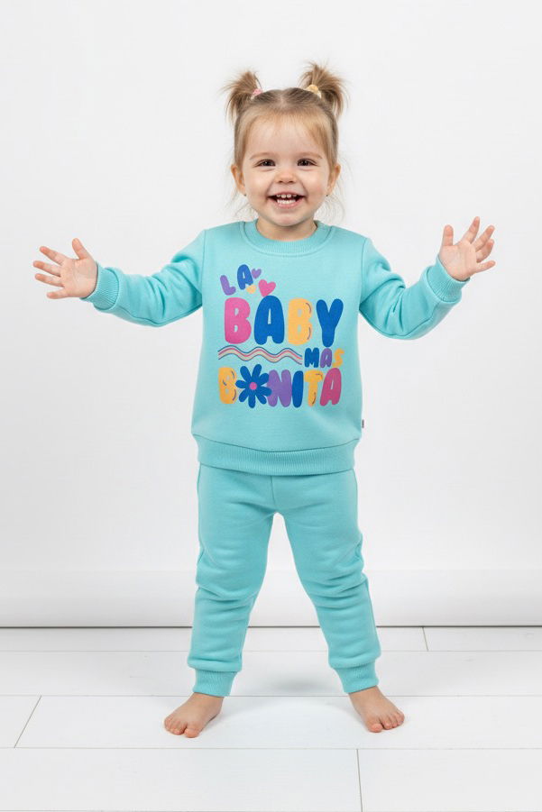 Kız Çocuk Bebe Mavi Baskılı Üç İplik Şardonlu Takım - 27964-BEBE-MAVI - TOFİSA