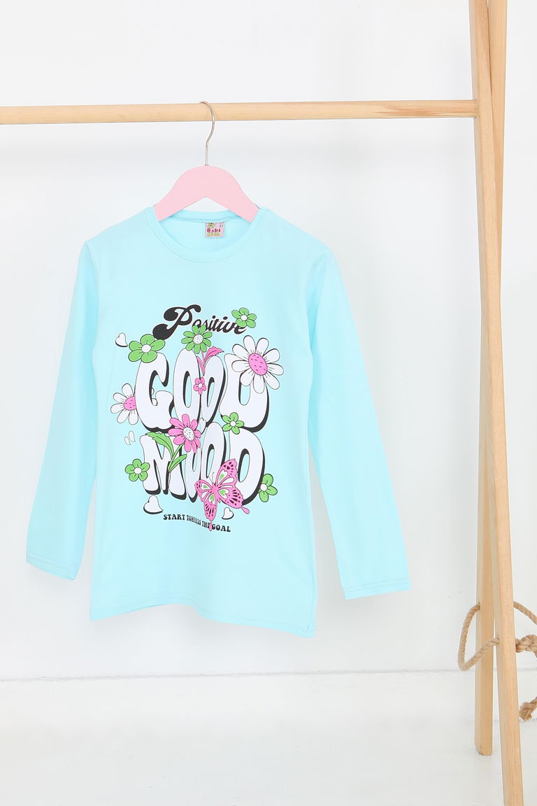 Kız Çocuk Bebe Mavi Uzun Kollu Baskılı Penye Badi - 27691 - TOFİSA