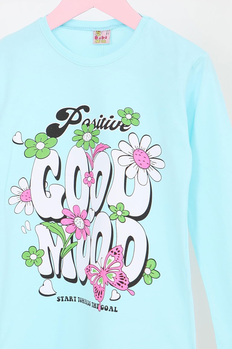 Kız Çocuk Bebe Mavi Uzun Kollu Baskılı Penye Badi - 27691 - TOFİSA