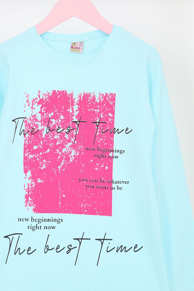 Kız Çocuk Bebe Mavi Uzun Kollu Baskılı Penye Badi - 27693 - TOFİSA