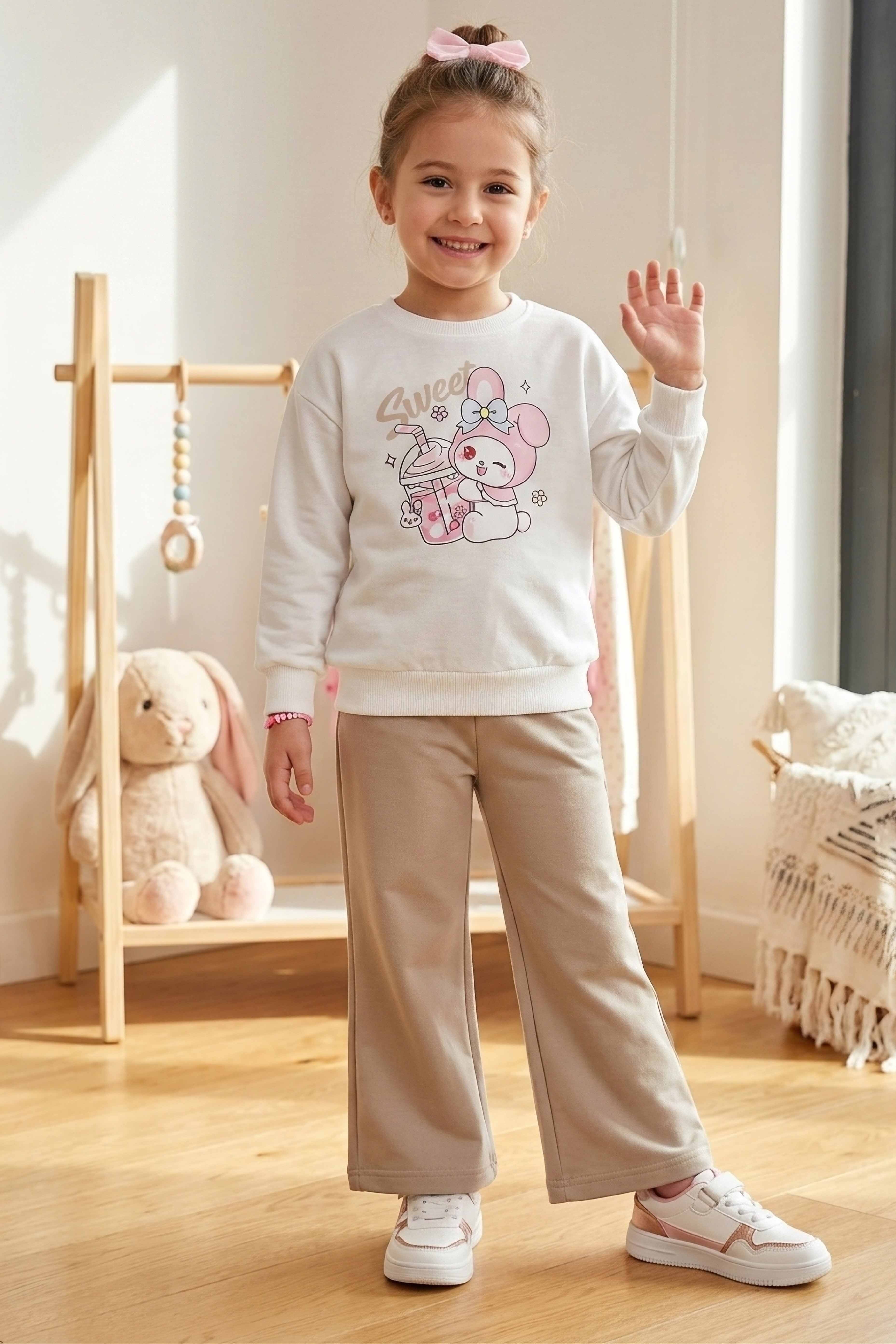 Kız Çocuk Bej Baskılı Pijama Takımı - 28305-BEJ - 1