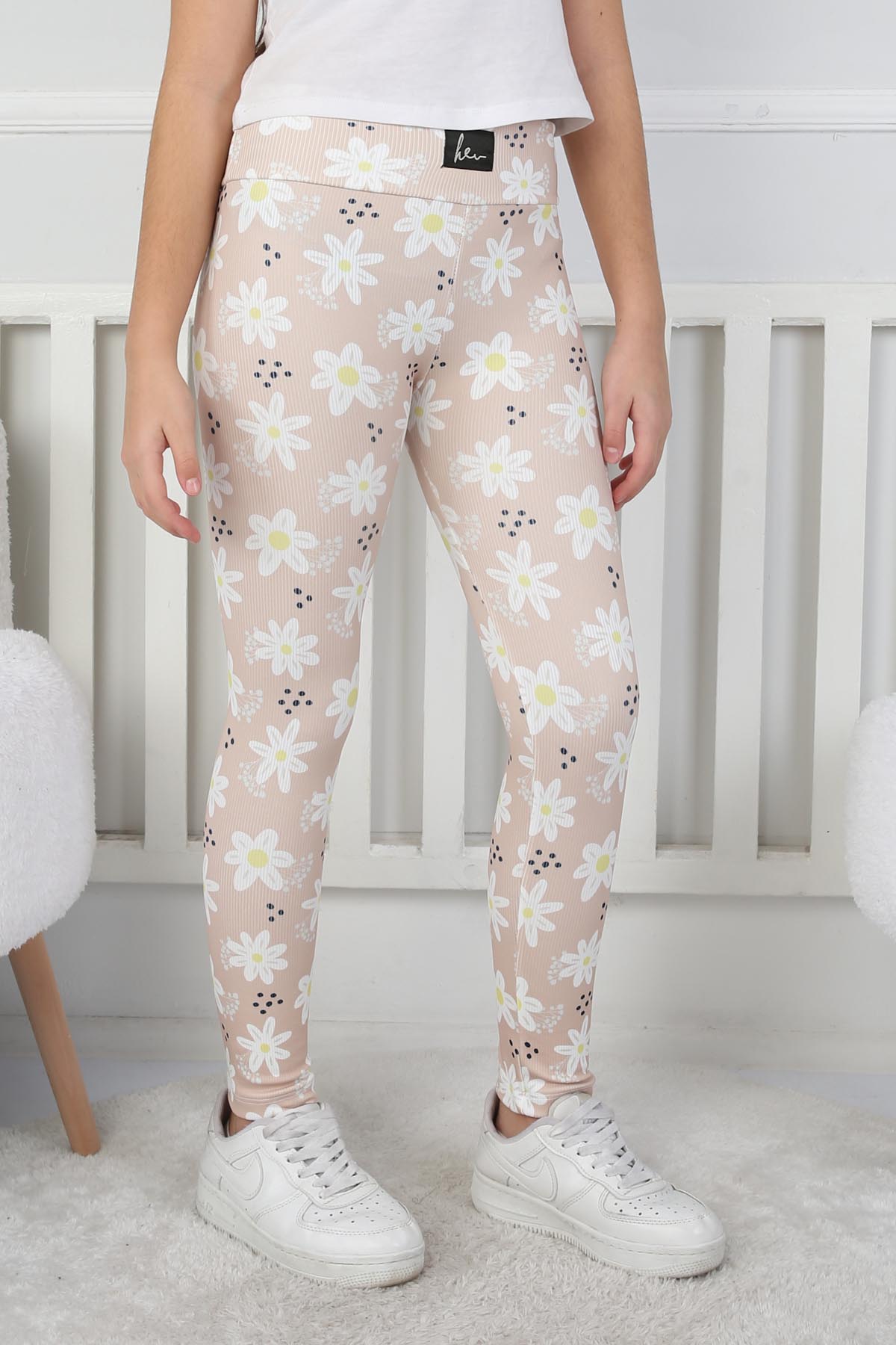 Kız Çocuk Bej Çiçekli Kız Çocuk Tayt - 26716 - 1