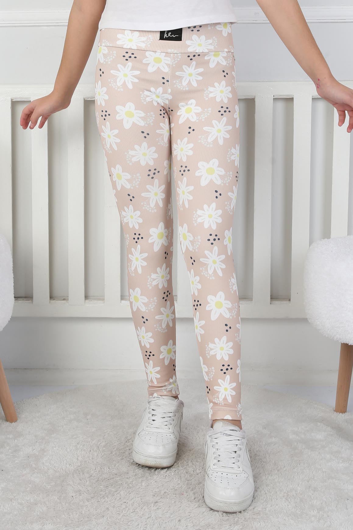 Kız Çocuk Bej Çiçekli Kız Çocuk Tayt - 26716 - 2