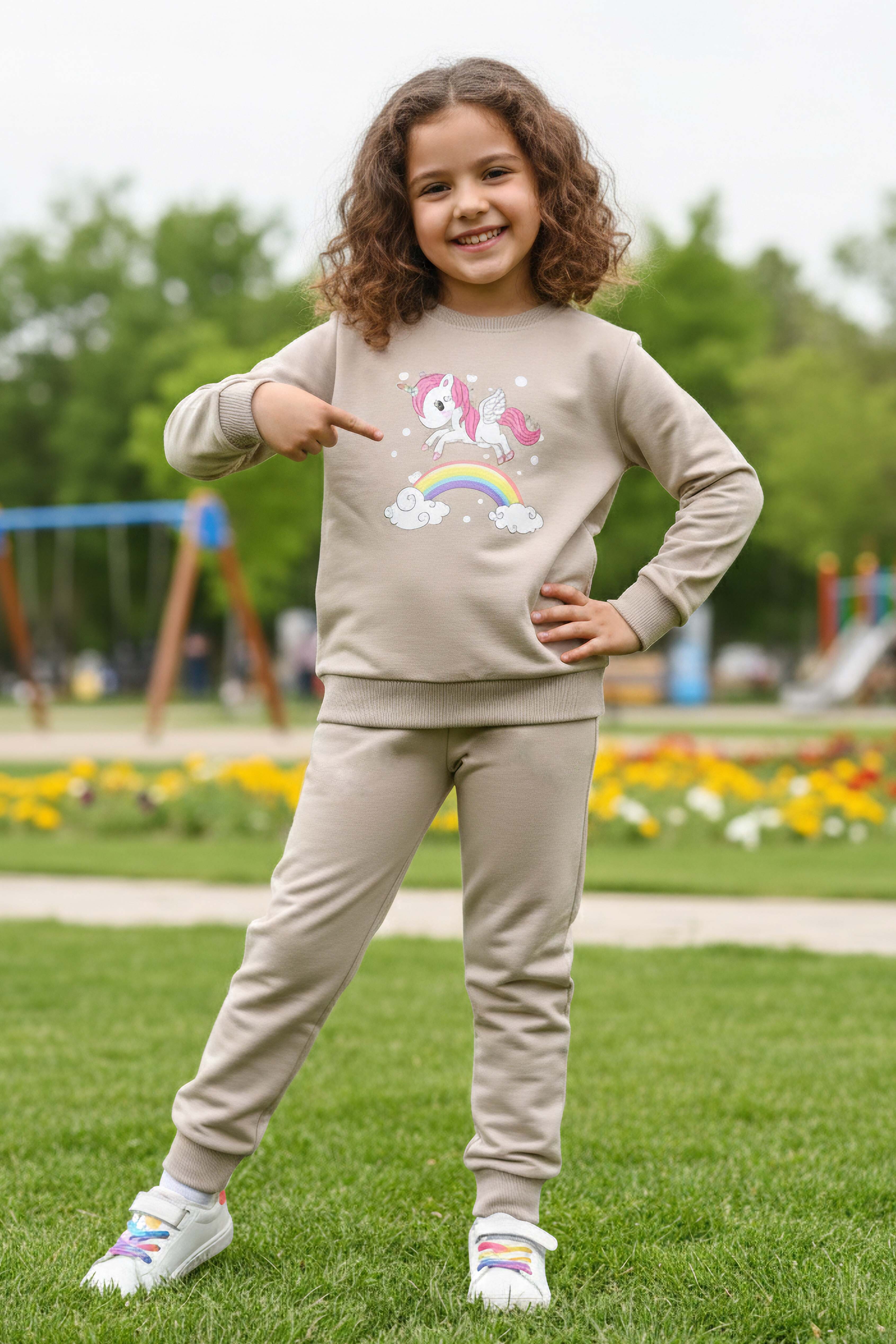 Kız Çocuk Bej Gök Kuşağı Baskılı İki İplik Takım - 28290-BEJ - 1