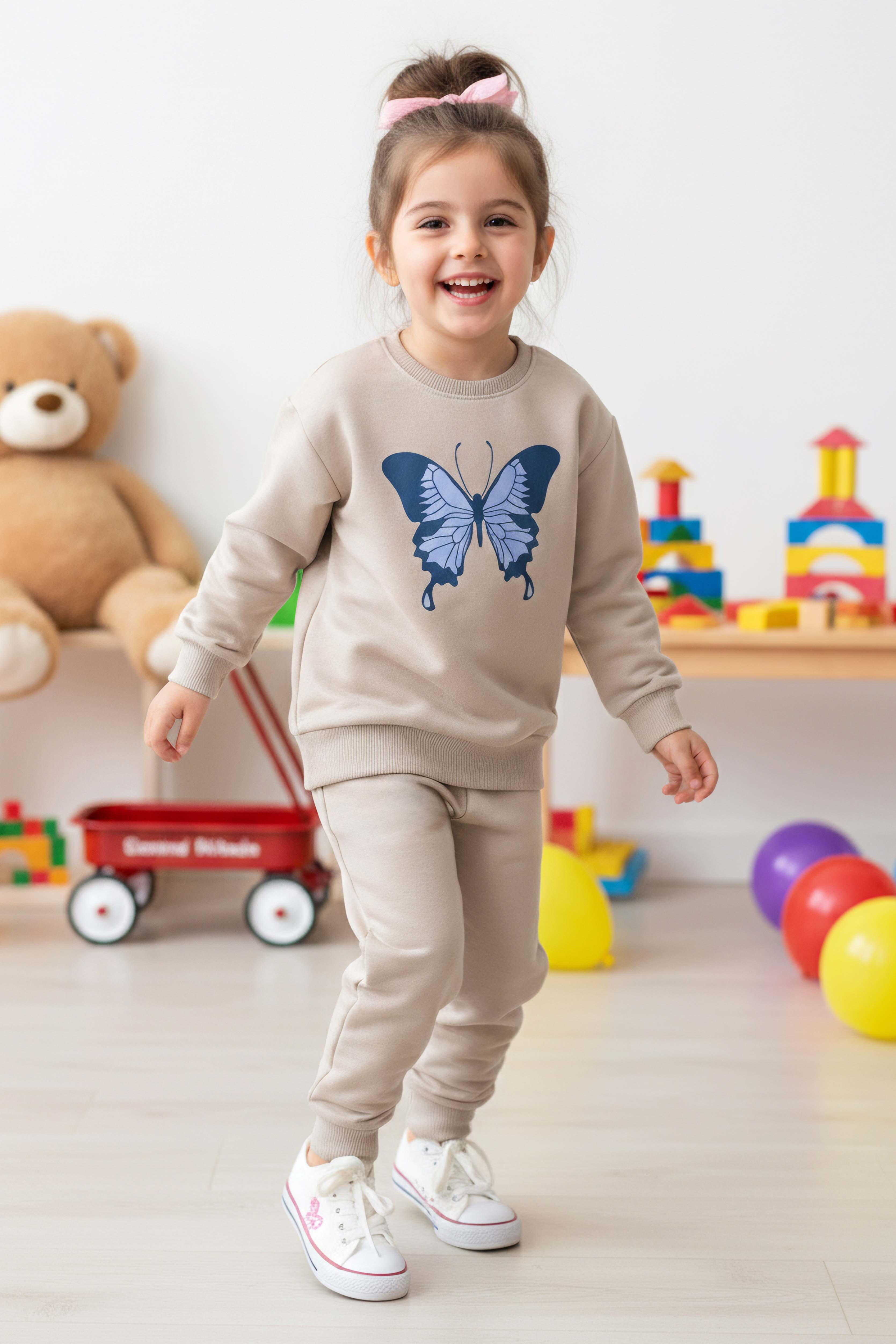 Kız Çocuk Bej Kelebek Baskılı İki İplik Takım - 28289-BEJ - 1
