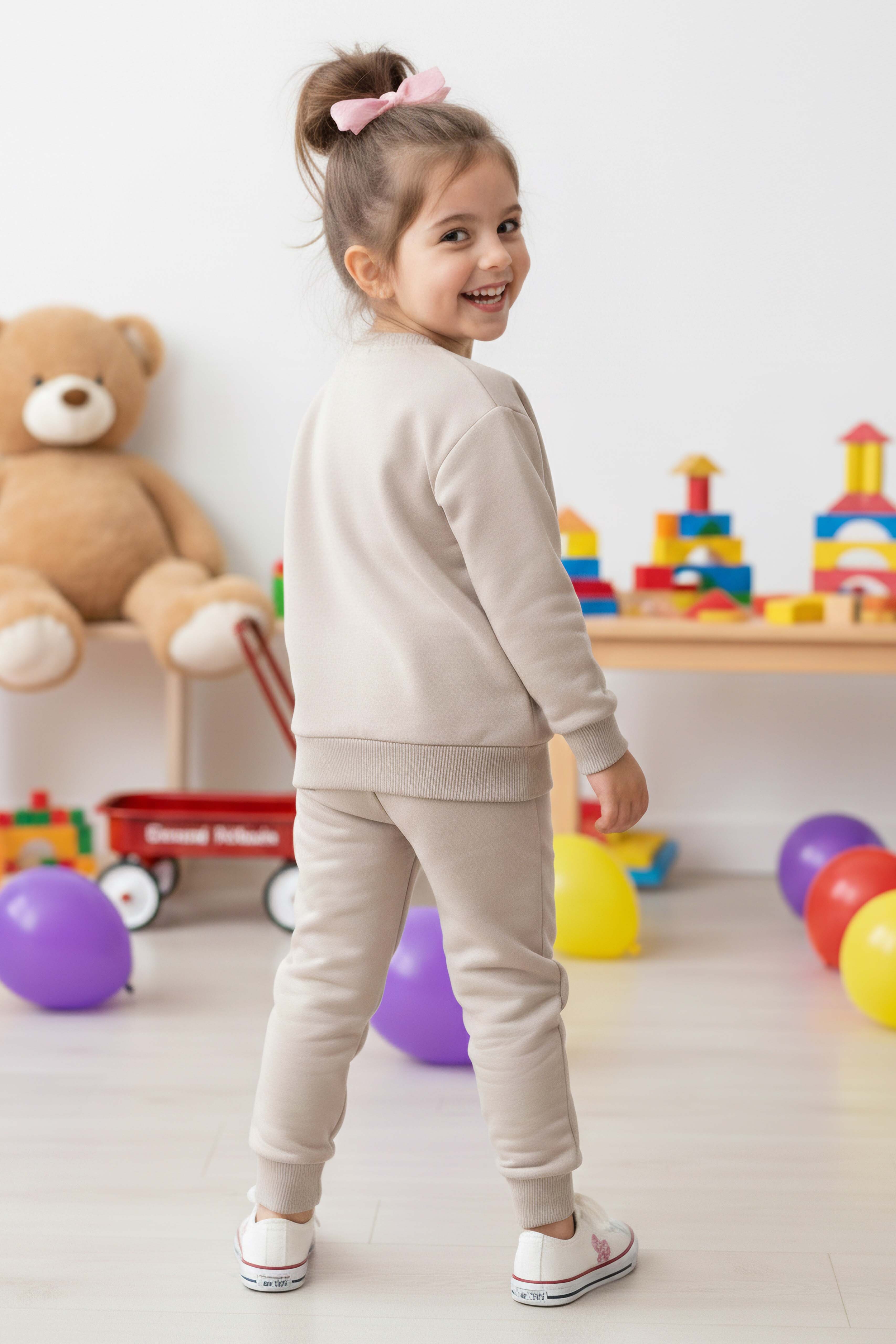 Kız Çocuk Bej Kelebek Baskılı İki İplik Takım - 28289-BEJ - 2