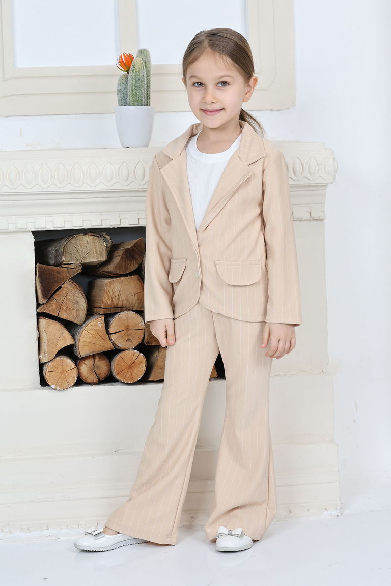 Kız Çocuk Bej Kız Çocuk Kruvaze Yaka Çizgili Cep Detay Ceket ve Salaş Pantolon Üçlü Alt Üst Takım Takım - 26818 - TOFİSA