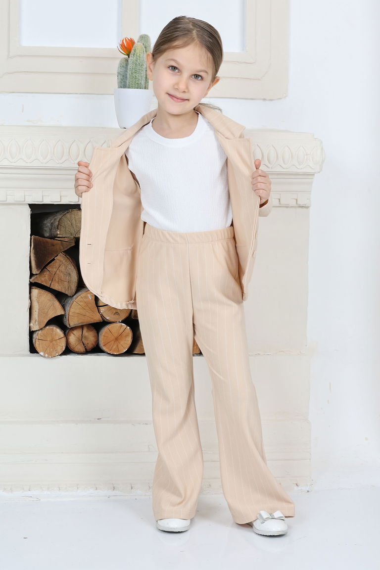 Kız Çocuk Bej Kız Çocuk Kruvaze Yaka Çizgili Cep Detay Ceket ve Salaş Pantolon Üçlü Alt Üst Takım Takım - 26818 - TOFİSA