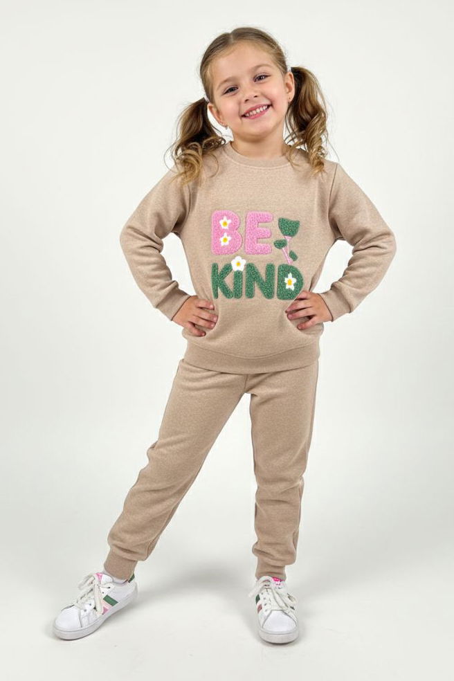 Kız Çocuk Bej Nakışlı İki İplik Takım - 28147-BEJ - TOFİSA