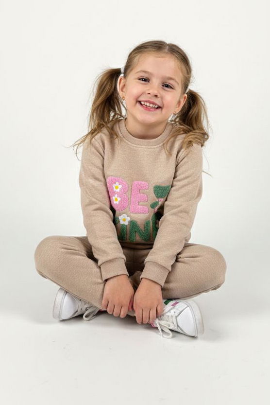 Kız Çocuk Bej Nakışlı İki İplik Takım - 28147-BEJ - TOFİSA