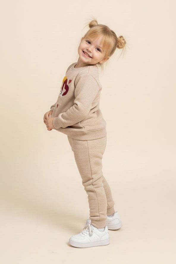 Kız Çocuk Bej Nakışlı İki İplik Takım - 28149-BEJ - TOFİSA