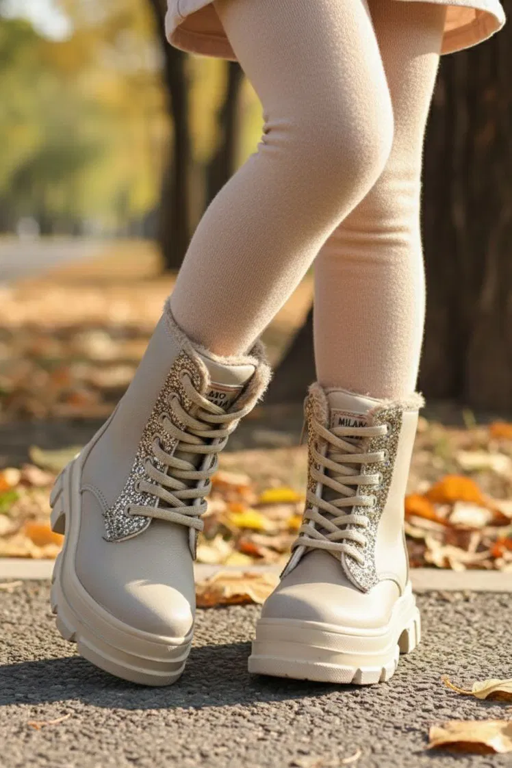 Kız Çocuk Bej Pul Detaylı Fermuarlı Bot - 28077-BEJ - 1