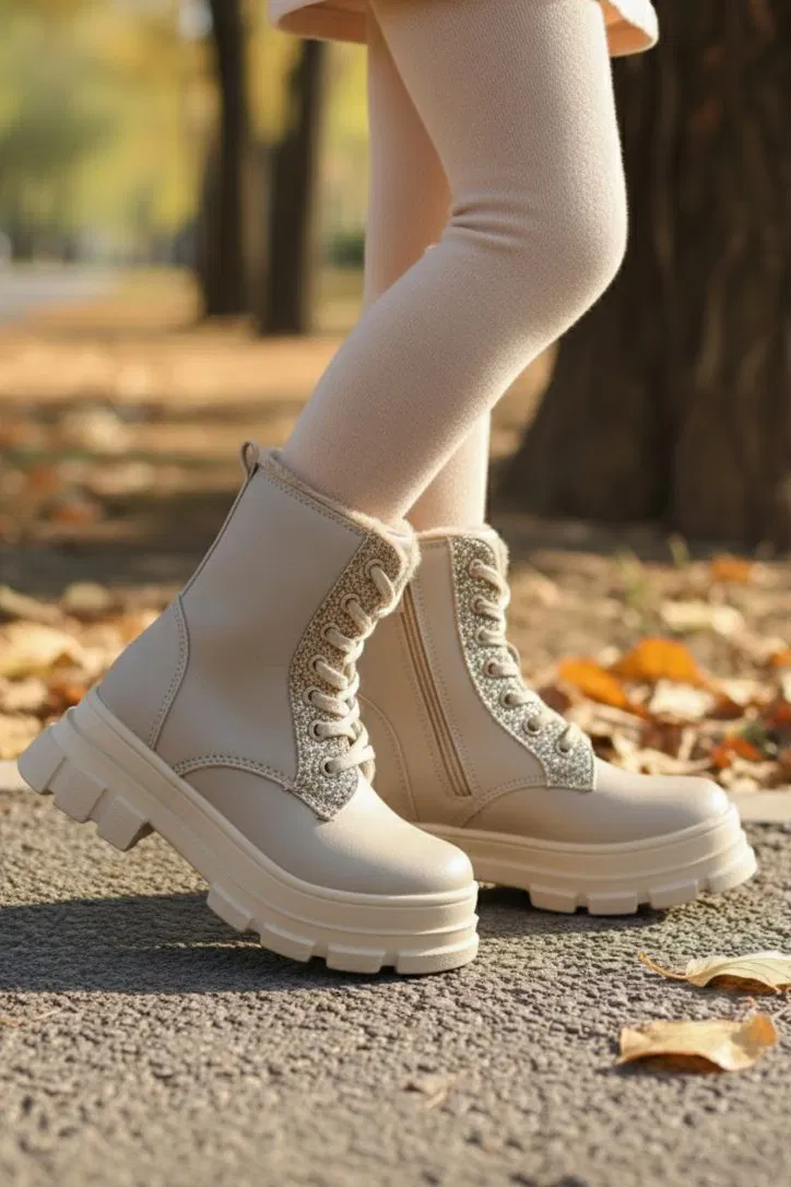 Kız Çocuk Bej Pul Detaylı Fermuarlı Bot - 28077-BEJ - 2