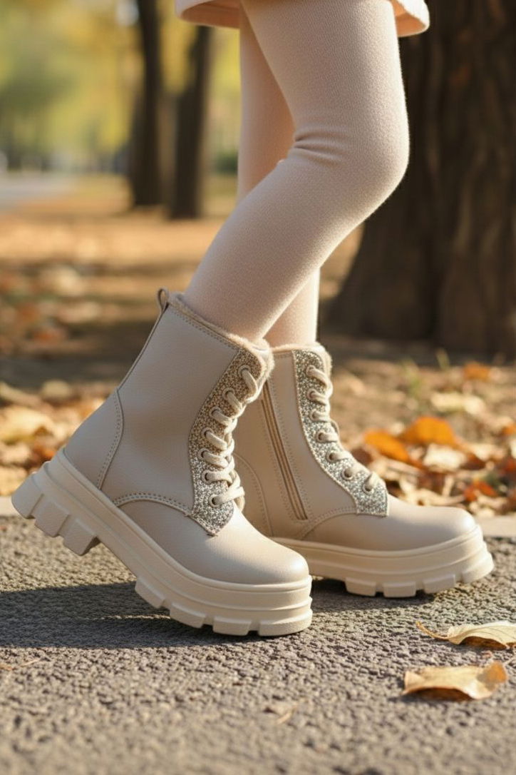 Kız Çocuk Bej Pul Detaylı Fermuarlı Bot - 28077-BEJ - TOFİSA