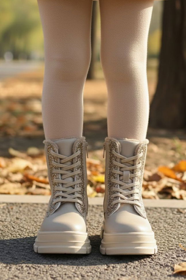 Kız Çocuk Bej Pul Detaylı Fermuarlı Bot - 28077-BEJ - TOFİSA