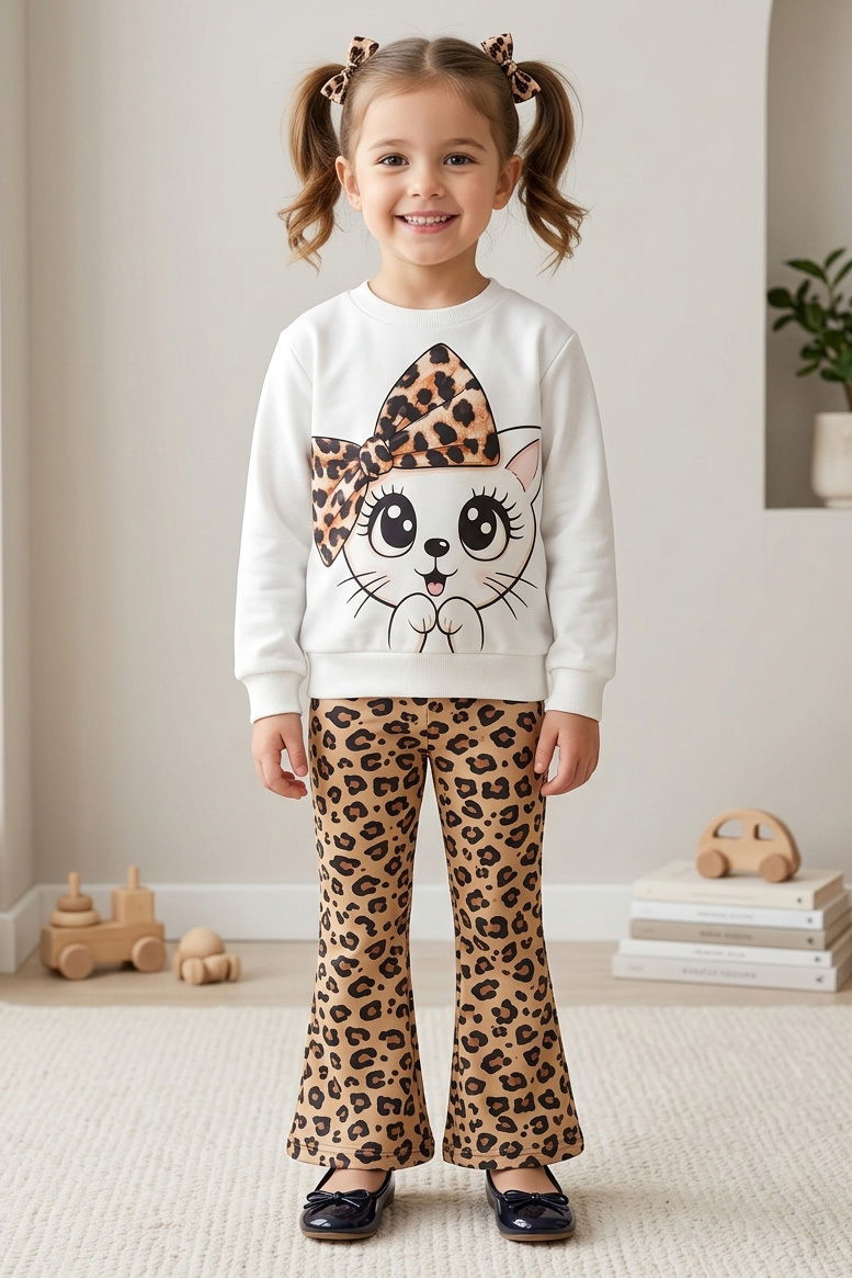 Kız Çocuk Beyaz Baskılı Şardonlu İkili Takımı - 28364-BEYAZ - 1