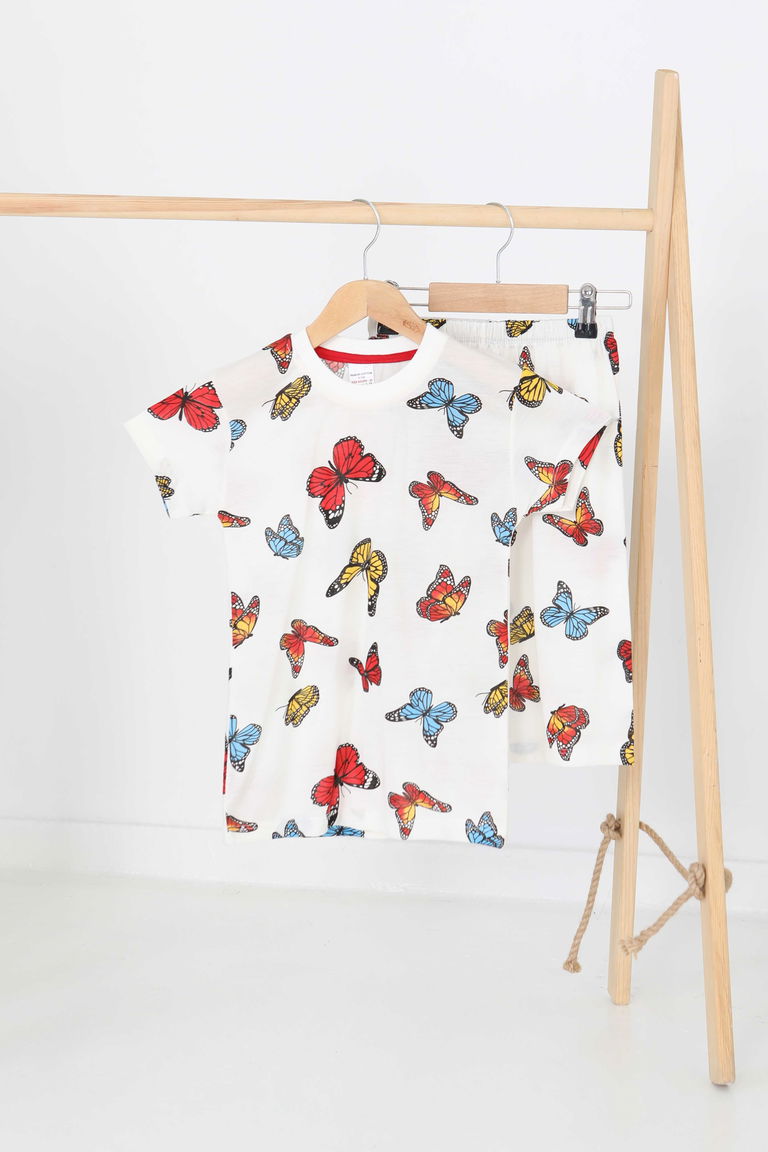 Kız Çocuk Beyaz Baskılı Şortlu Takım - 27175 - TOFİSA