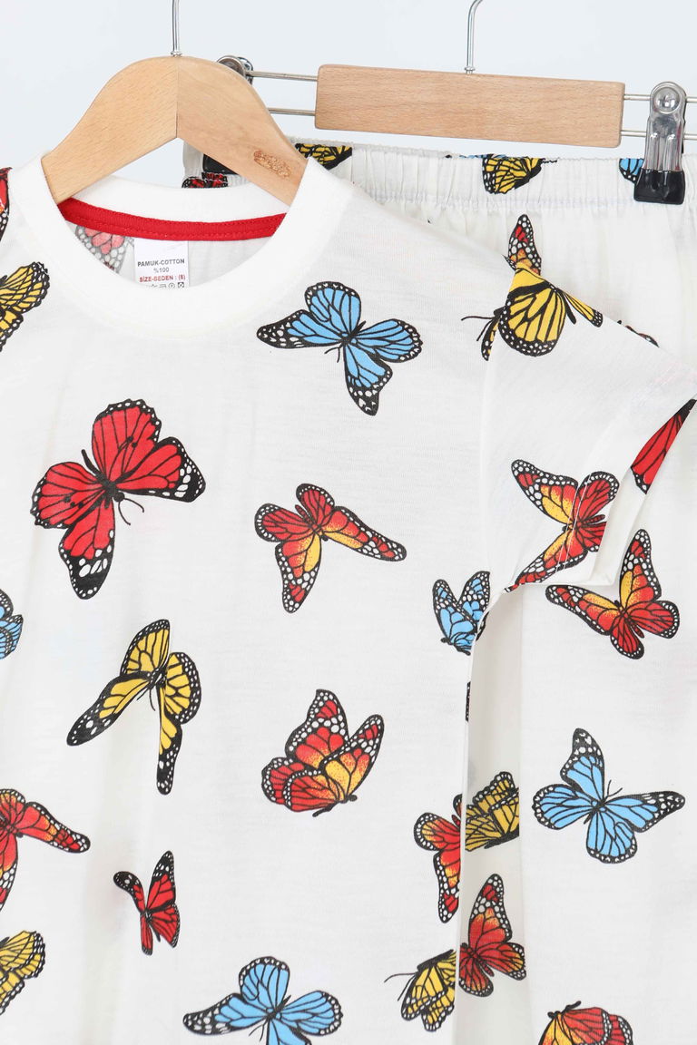 Kız Çocuk Beyaz Baskılı Şortlu Takım - 27175 - TOFİSA