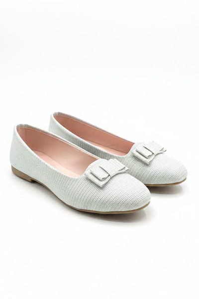 Kız Çocuk Beyaz Fiyonk Detaylı Simli Babet - 28196-BEYAZ 