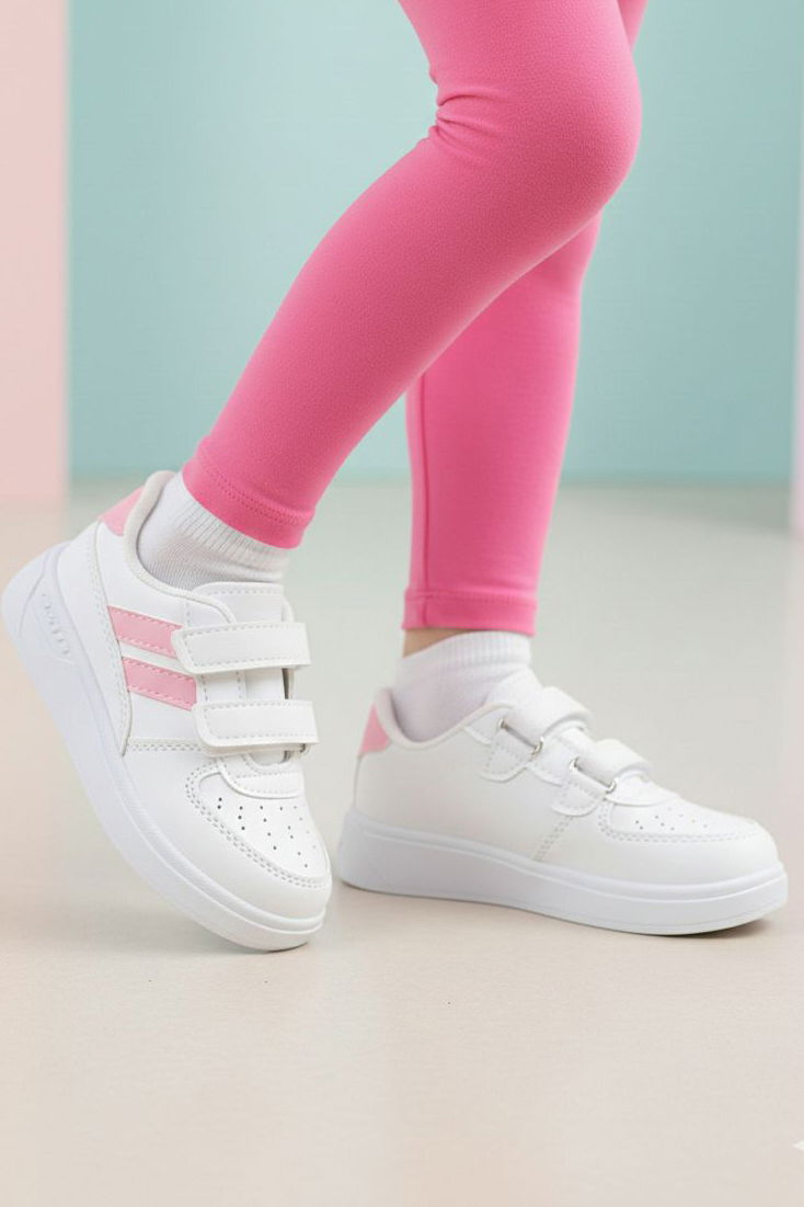 Kız Çocuk Beyaz Pembe Cırtcırtlı Işıklı Spor Ayakkabı - 28198-BEYAZ-PEMBE - 1