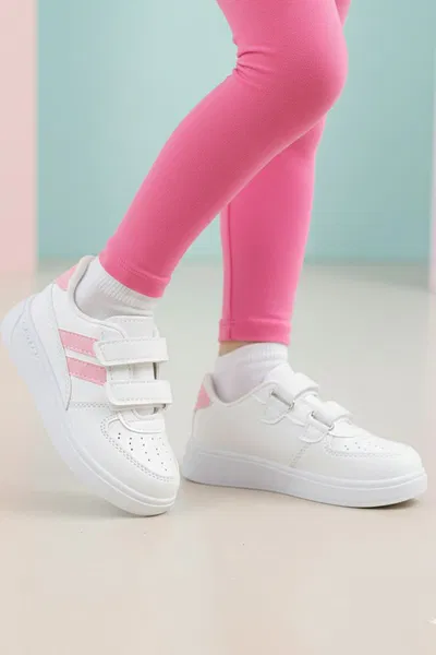 Kız Çocuk Beyaz Pembe Cırtcırtlı Işıklı Spor Ayakkabı - 28198-BEYAZ-PEMBE 