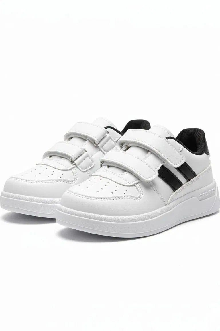 Kız Çocuk Beyaz Siyah Cırtcırtlı Işıklı Spor Ayakkabı - 28198-BEYAZ-SIYAH - TOFİSA