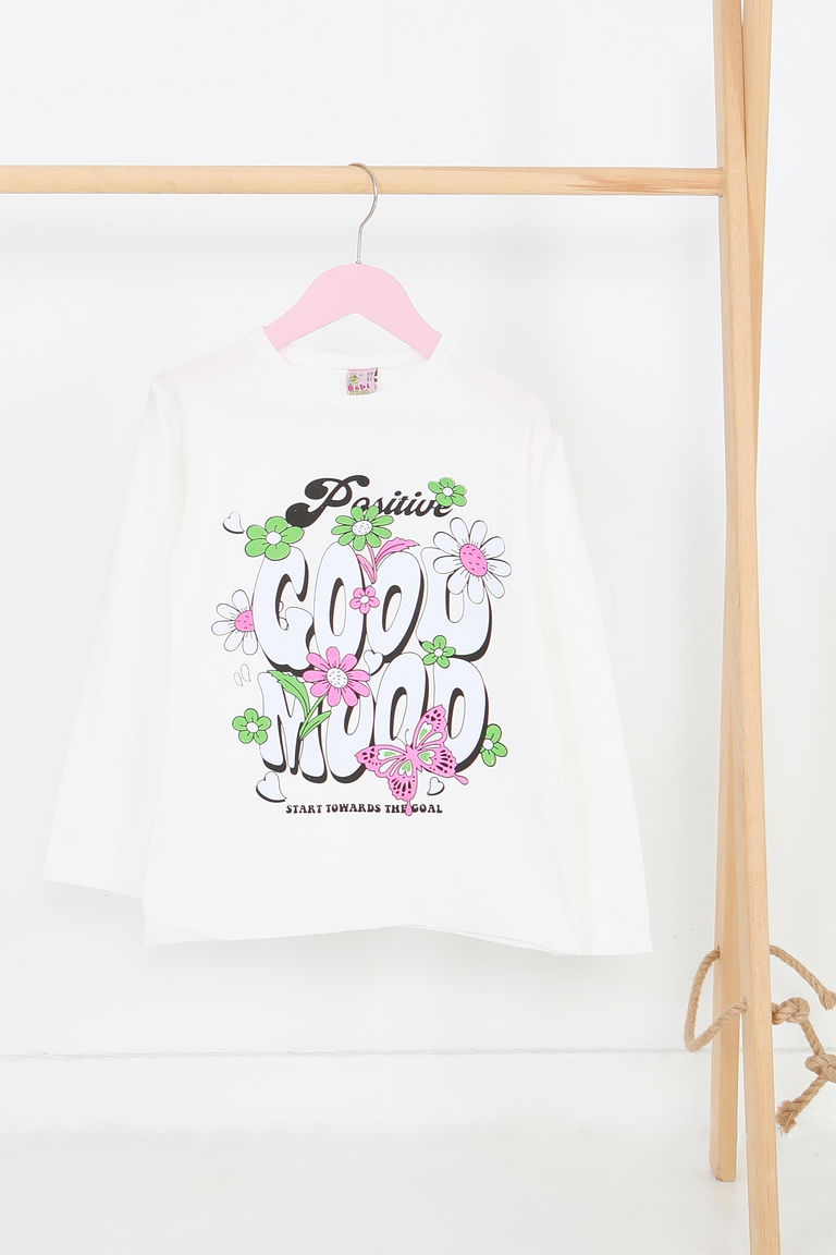 Kız Çocuk Beyaz Uzun Kollu Baskılı Penye Badi - 27691 - TOFİSA