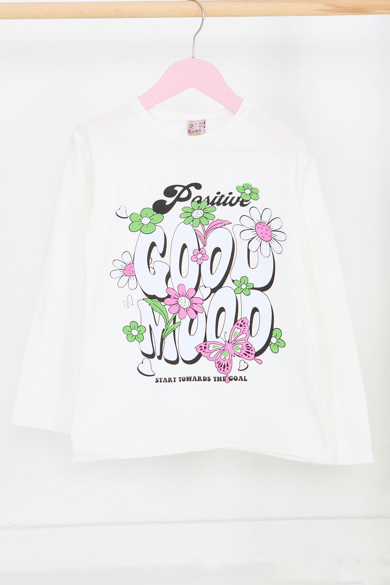 Kız Çocuk Beyaz Uzun Kollu Baskılı Penye Badi - 27691 - TOFİSA