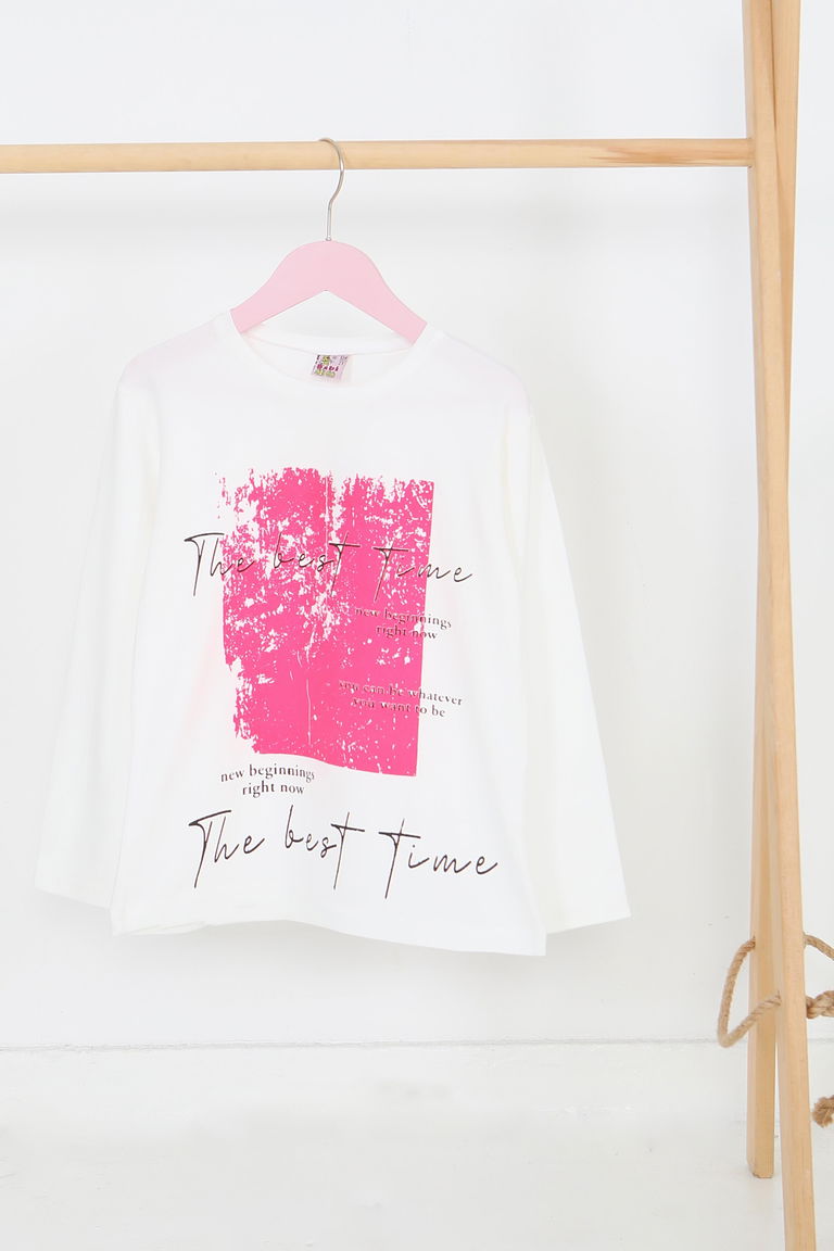 Kız Çocuk Beyaz Uzun Kollu Baskılı Penye Badi - 27693 - TOFİSA