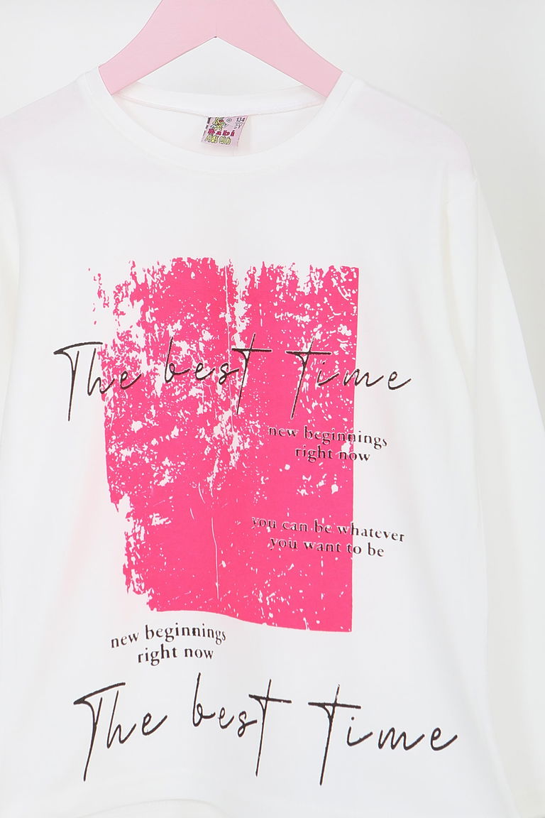 Kız Çocuk Beyaz Uzun Kollu Baskılı Penye Badi - 27693 - TOFİSA