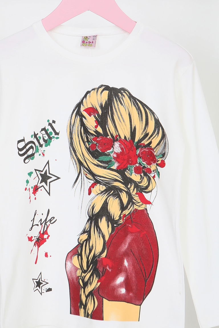 Kız Çocuk Beyaz Uzun Kollu Baskılı Penye Badi - 27694 - TOFİSA