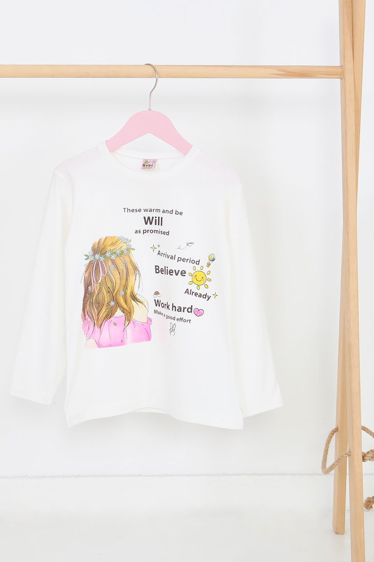 Kız Çocuk Beyaz Uzun Kollu Baskılı Penye Badi - 27697 - TOFİSA