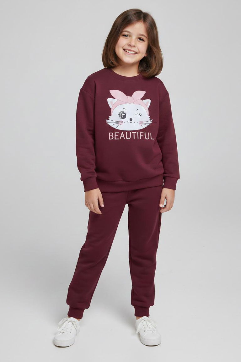 Kız Çocuk Bordo Baskılı Eşofman Takımı - 28175-BORDO - TOFİSA
