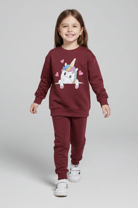 Kız Çocuk Bordo Baskılı Eşofman Takımı - 28176-BORDO - 1
