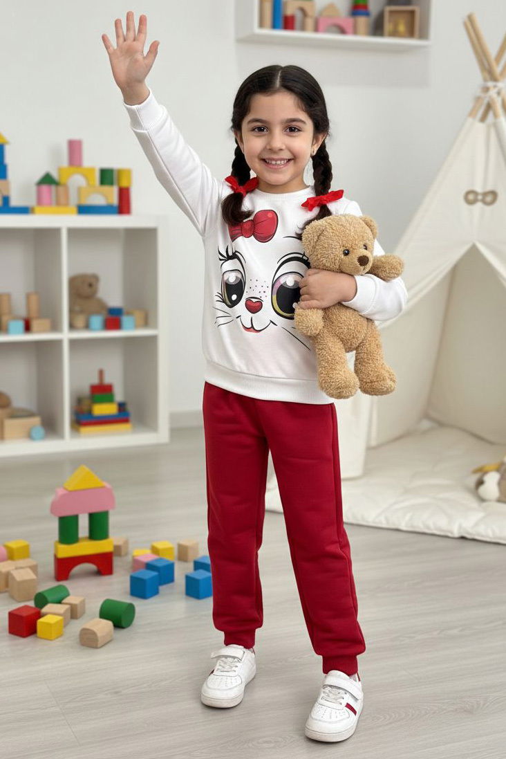 Kız Çocuk Bordo Baskılı İki İplik Çocuk Pijama Takımı - 28275-BORDO - 1