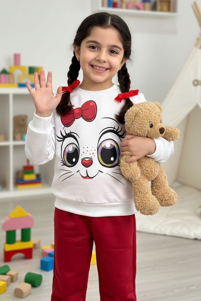 Kız Çocuk Bordo Baskılı İki İplik Çocuk Pijama Takımı - 28275-BORDO - 2