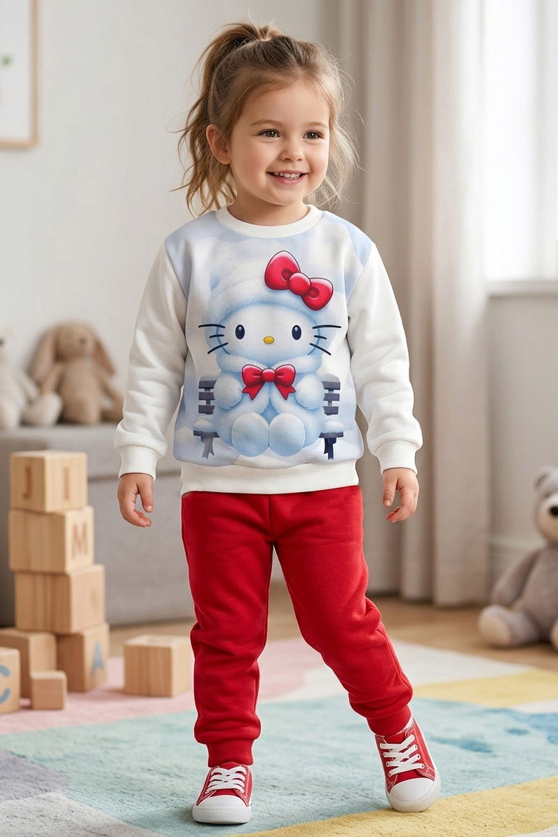 Kız Çocuk Bordo Baskılı İki İplik Çocuk Pijama Takımı - 28347-BORDO - 1