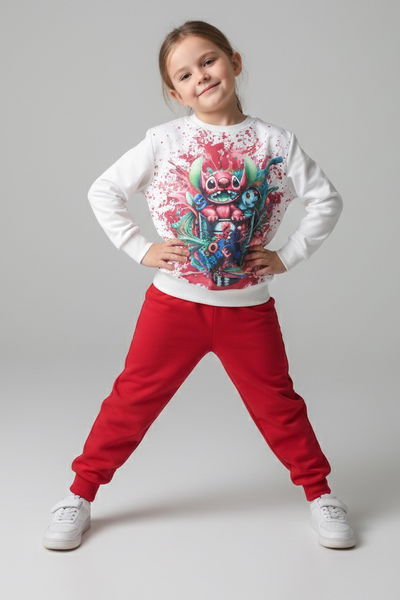 Kız Çocuk Bordo Baskılı Pijama Takımı - 28096-BORDO 