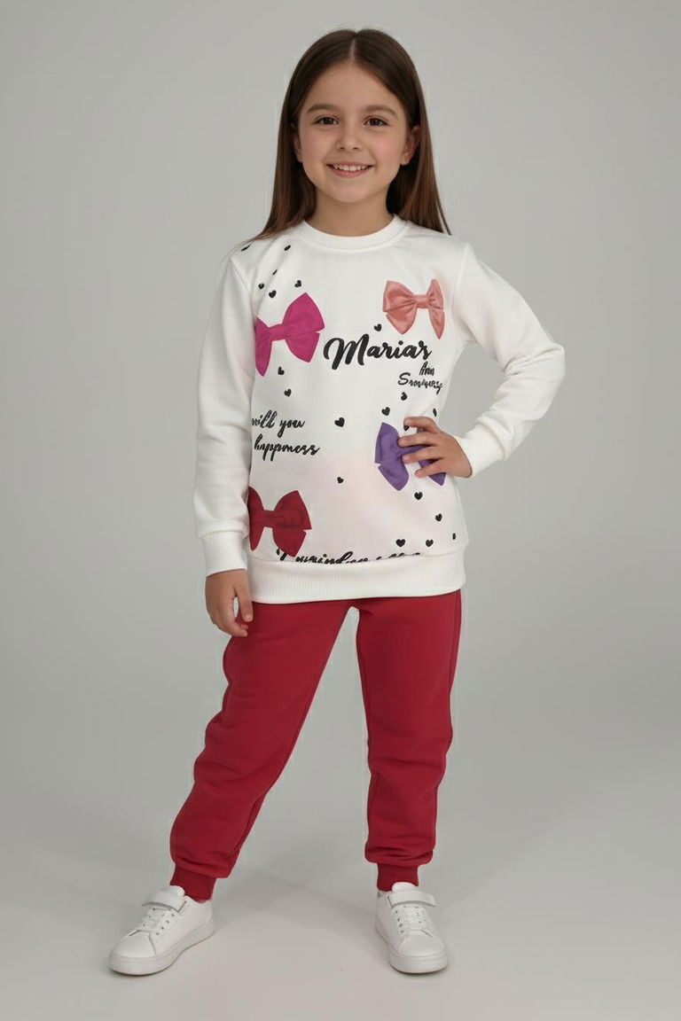 Kız Çocuk Bordo Baskılı Pijama Takımı - 28164-BORDO - TOFİSA