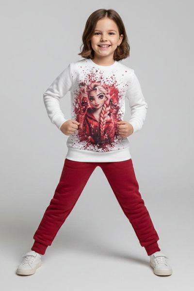 Kız Çocuk Bordo Baskılı Pijama Takımı - 28165-BORDO 