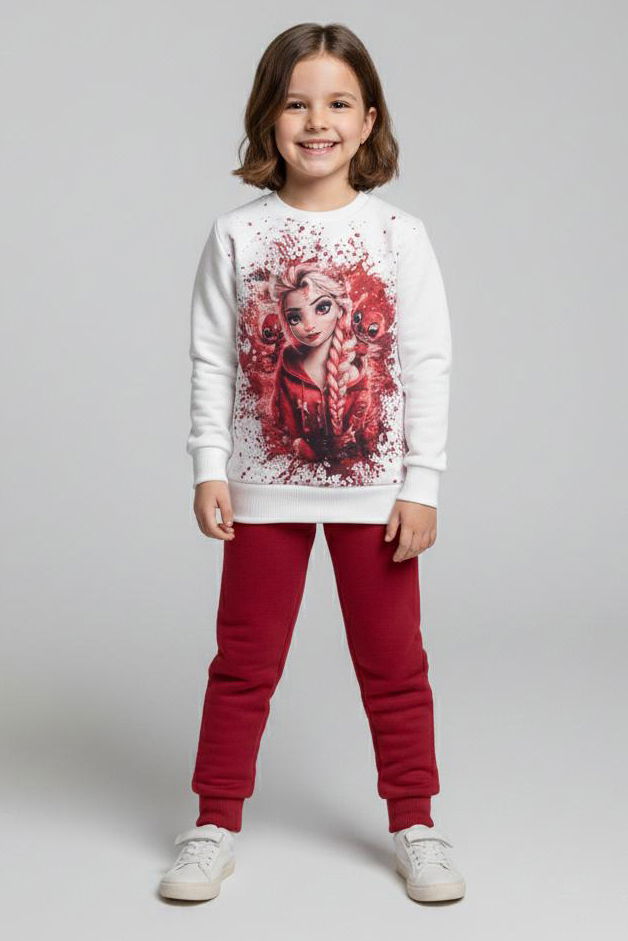 Kız Çocuk Bordo Baskılı Pijama Takımı - 28165-BORDO - 2