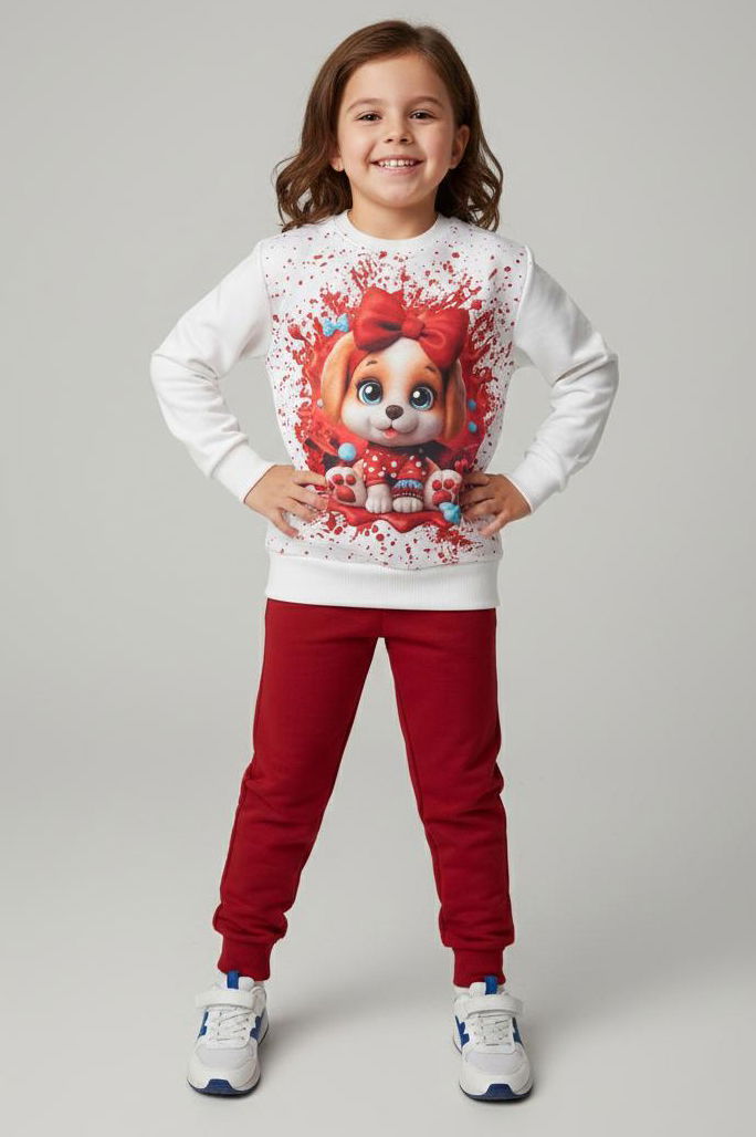 Kız Çocuk Bordo Baskılı Pijama Takımı - 28166-BORDO - 1